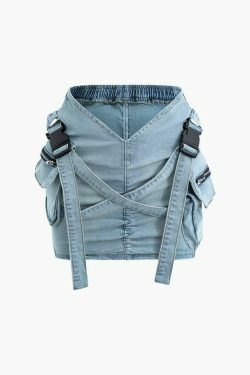 Coquette Aesthetic Denim Cargo Skirt with V-Waist Buckle & Flap Pockets