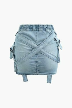 Coquette Aesthetic Denim Cargo Skirt with V-Waist Buckle & Flap Pockets