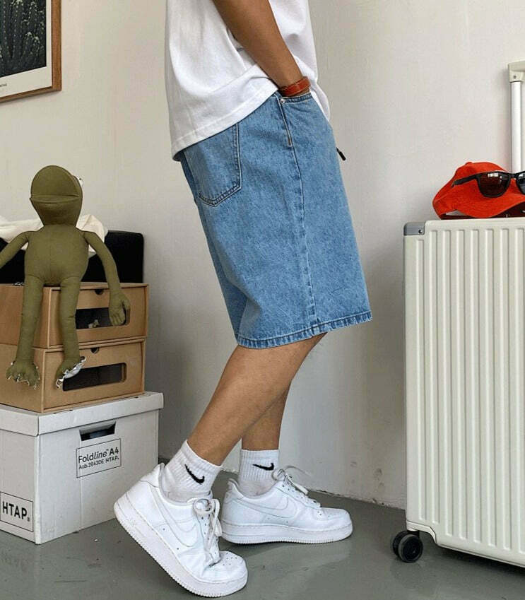 Coquette Aesthetic Denim Knee-Length Jorts with Keychain - Y2K Fashion Statement Piece