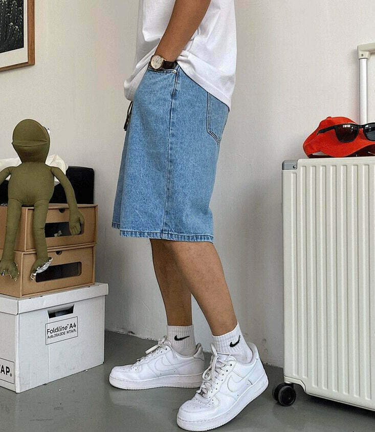 Coquette Aesthetic Denim Knee-Length Jorts with Keychain - Y2K Fashion Statement Piece