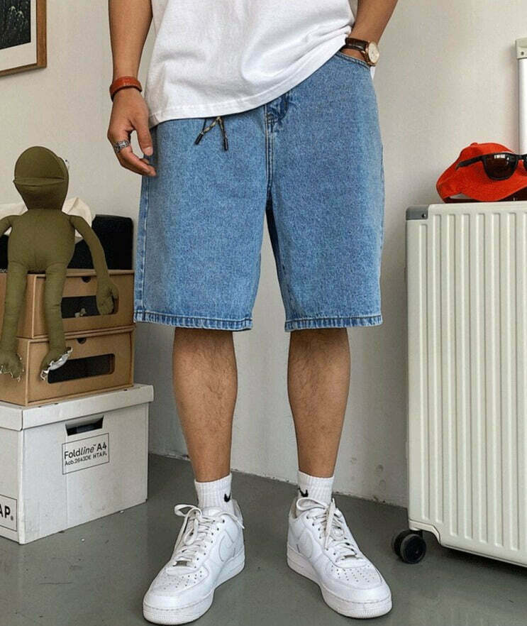 Coquette Aesthetic Denim Knee-Length Jorts with Keychain - Y2K Fashion Statement Piece