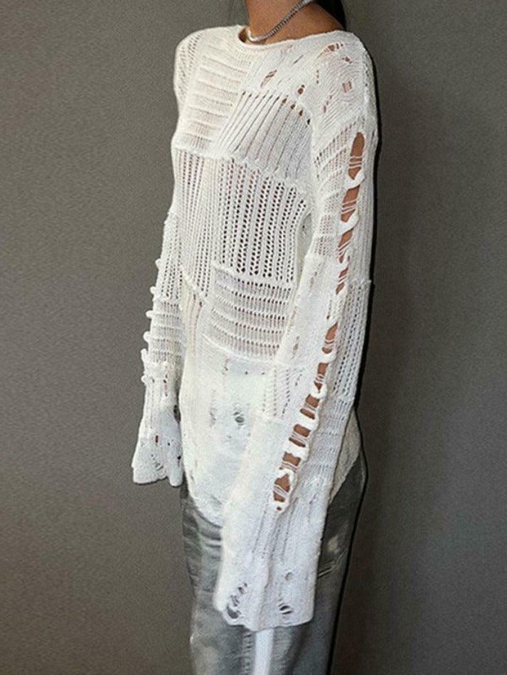 Coquette Aesthetic Distressed Crochet Knit Top - Y2K Fashion Women's Clothing