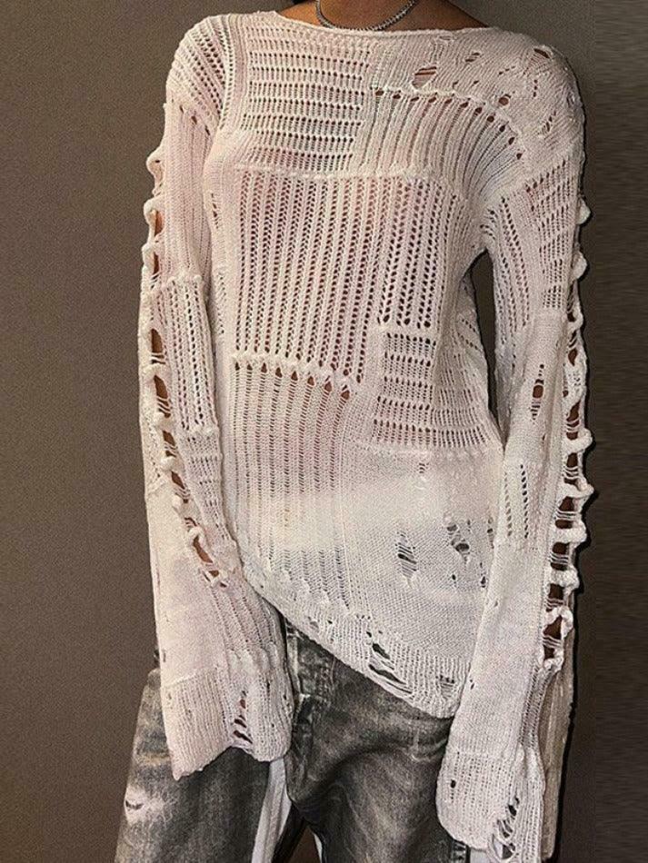 Coquette Aesthetic Distressed Crochet Knit Top - Y2K Fashion Women's Clothing