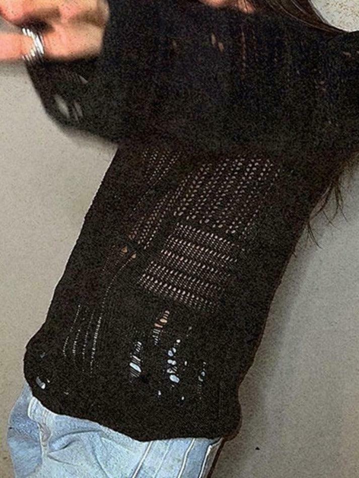 Coquette Aesthetic Distressed Crochet Knit Top - Y2K Fashion Women's Clothing