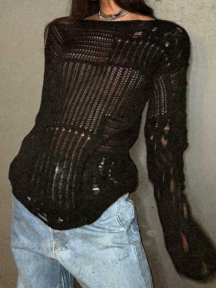Coquette Aesthetic Distressed Crochet Knit Top - Y2K Fashion Women's Clothing