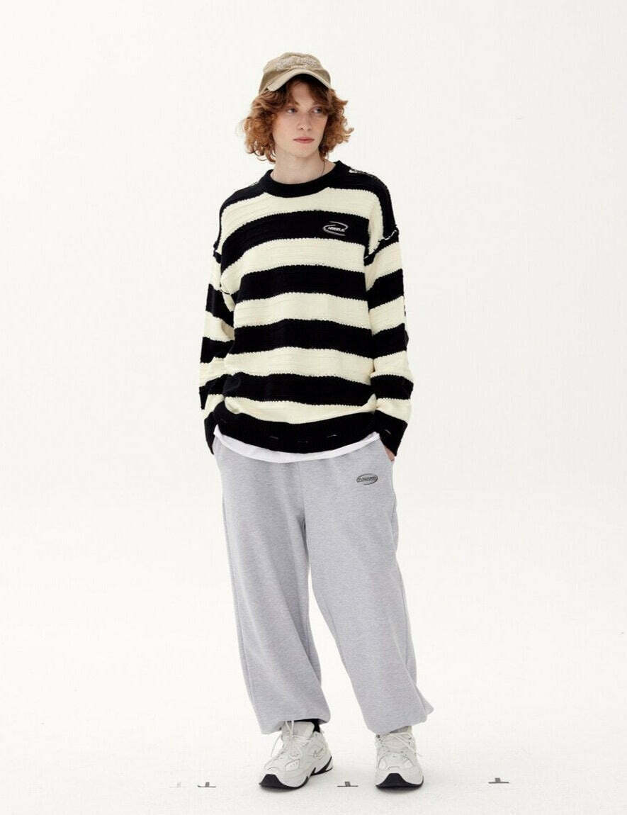 Coquette Aesthetic Distressed Stripe Knit Sweater - Y2K Fashion Statement Piece