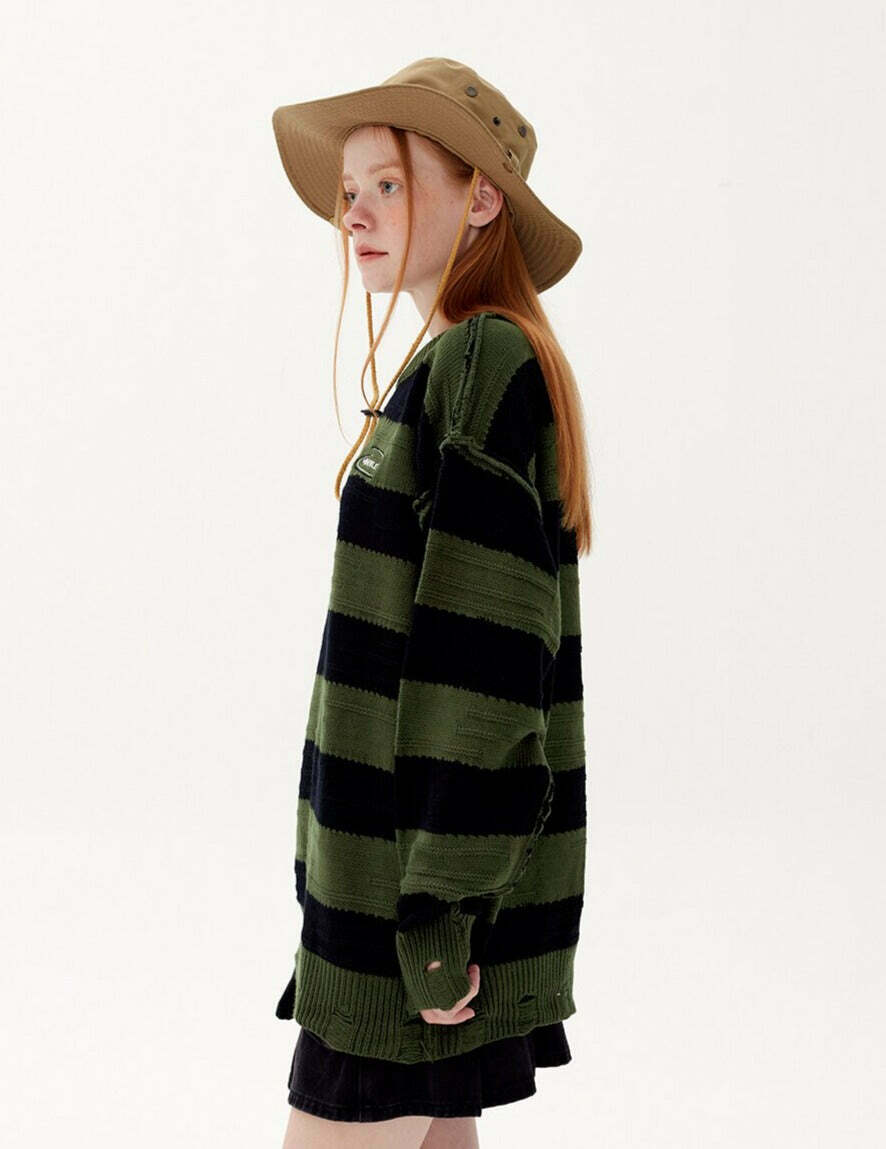 Coquette Aesthetic Distressed Stripe Knit Sweater - Y2K Fashion Statement Piece