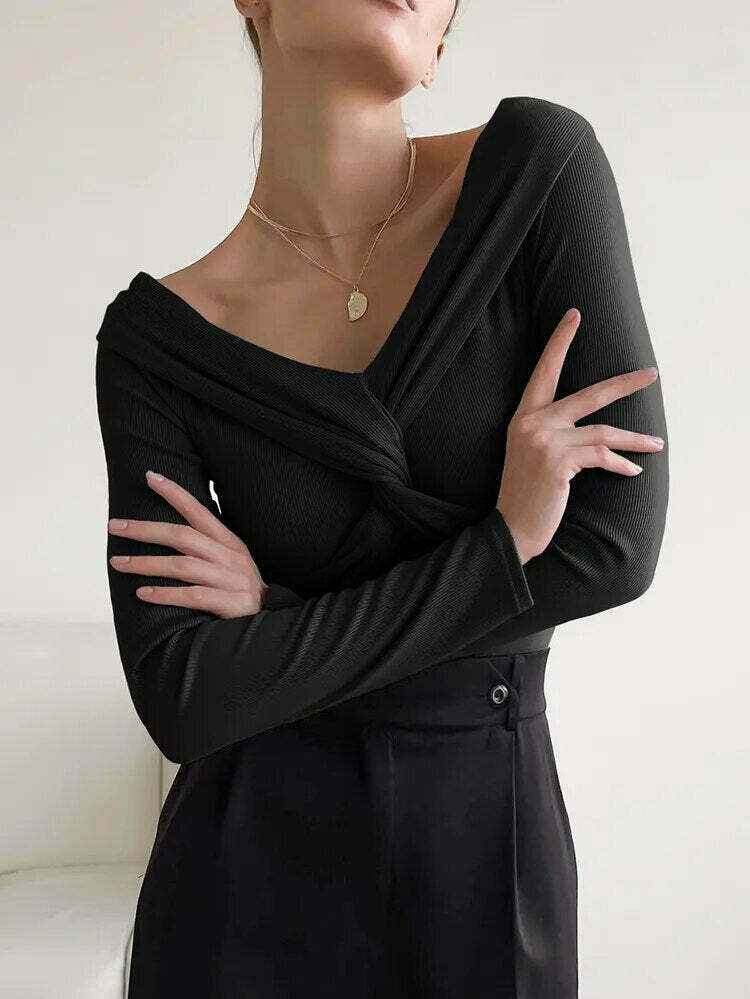 Coquette Aesthetic Draped Slash Neck Tunic - Y2K Fashion Statement Piece