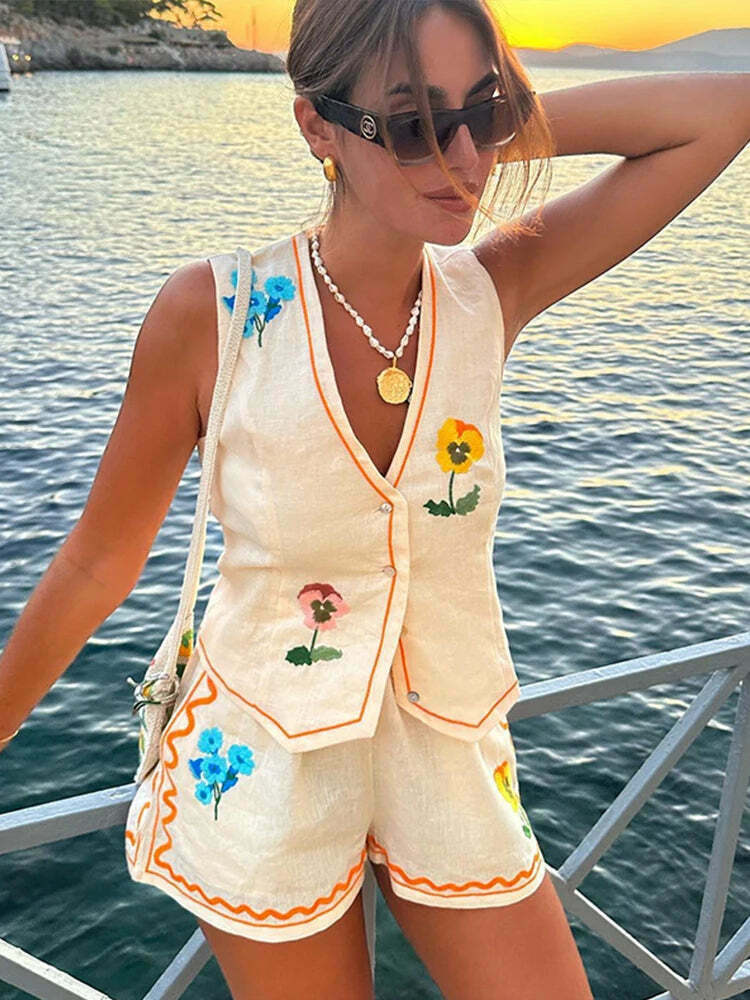 Coquette Aesthetic Embroidered Shorts Set - Y2K Fashion Women's Outfit