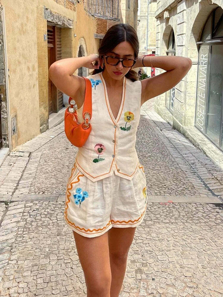 Coquette Aesthetic Embroidered Shorts Set - Y2K Fashion Women's Outfit