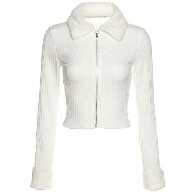 Coquette Aesthetic Faux Fur Zip Top Cardigan - Y2K Fashion Women's Grunge Style Sweater