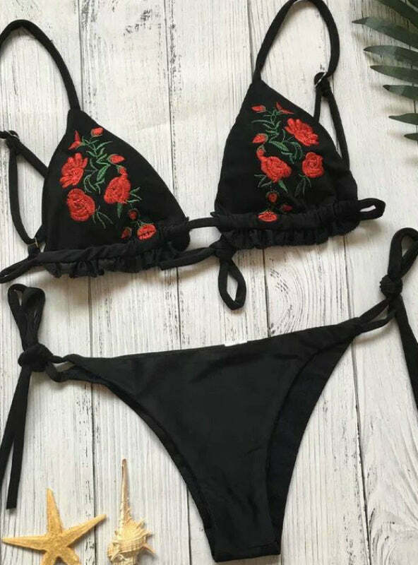 Coquette Aesthetic Floral Applique Cami Swimsuit - Y2K Fashion Women's Swimwear