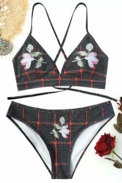 Coquette Aesthetic Floral Back Lace-Up Bikini - Trendy Y2K Fashion Swimwear