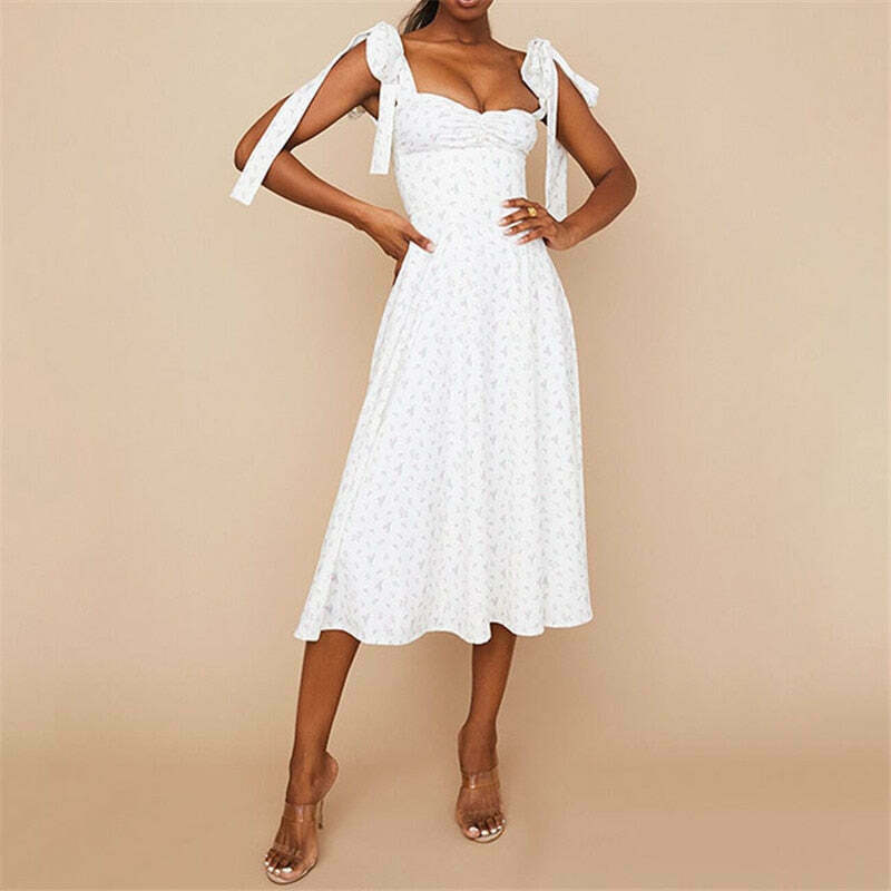 Coquette Aesthetic Floral Print Dress with Knot Straps - Y2K Fashion for Women