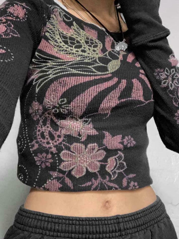 Coquette Aesthetic Floral Print Ribbed Slim Long Sleeve Knit Sweater