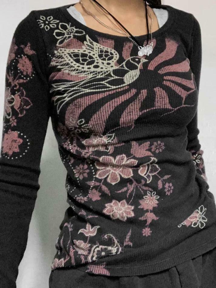Coquette Aesthetic Floral Print Ribbed Slim Long Sleeve Knit Sweater