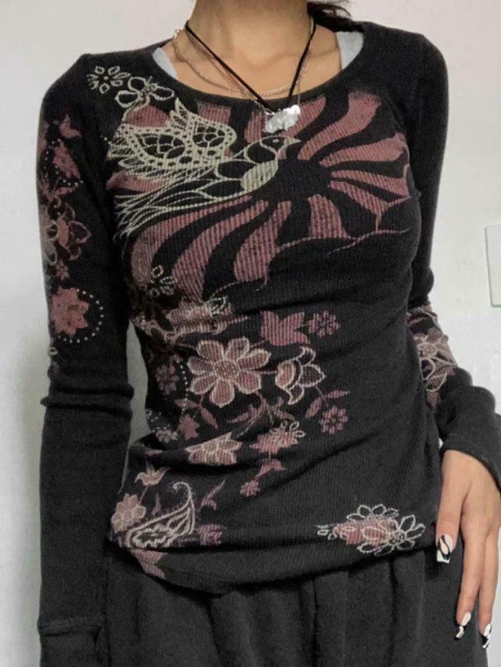 Coquette Aesthetic Floral Print Ribbed Slim Long Sleeve Knit Sweater