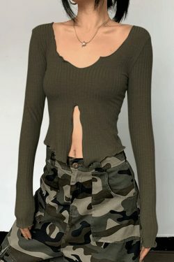 Coquette Aesthetic Fungus Slit Slim Long Sleeve Tee - Y2K Fashion Women's Top