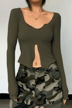 Coquette Aesthetic Fungus Slit Slim Long Sleeve Tee - Y2K Fashion Women's Top