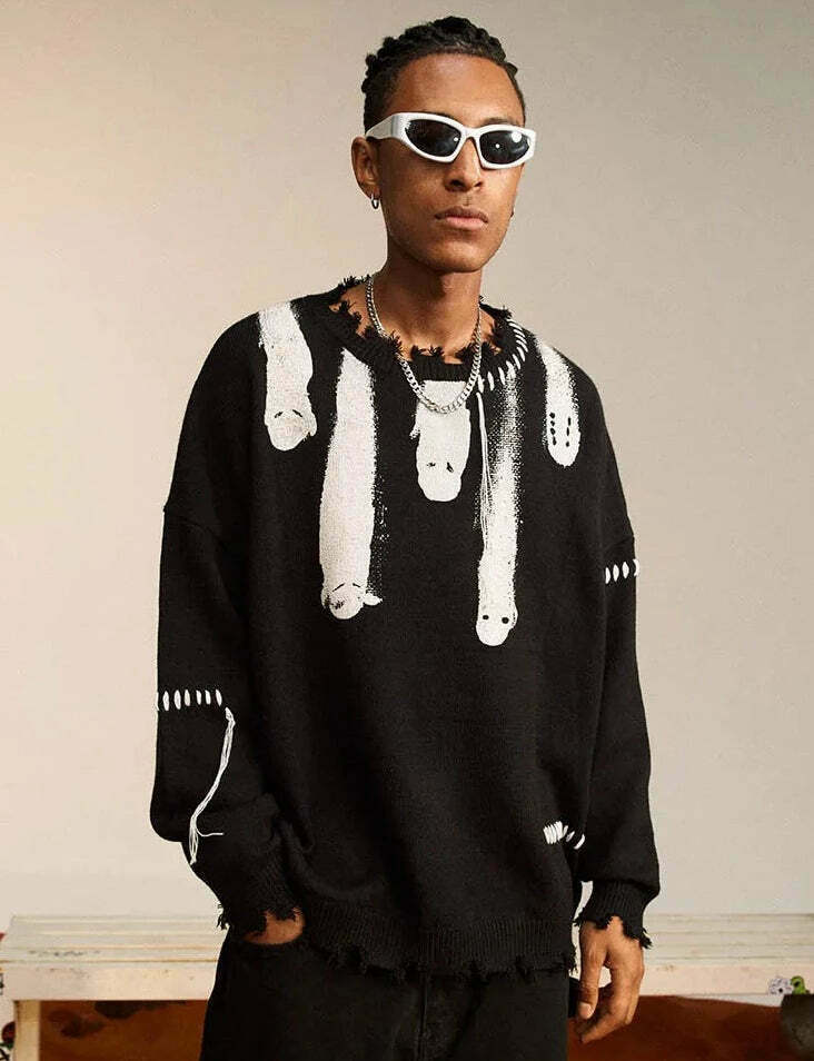 Coquette Aesthetic Ghost Graphic Knitted Sweater for Y2K Fashion and Grunge Style
