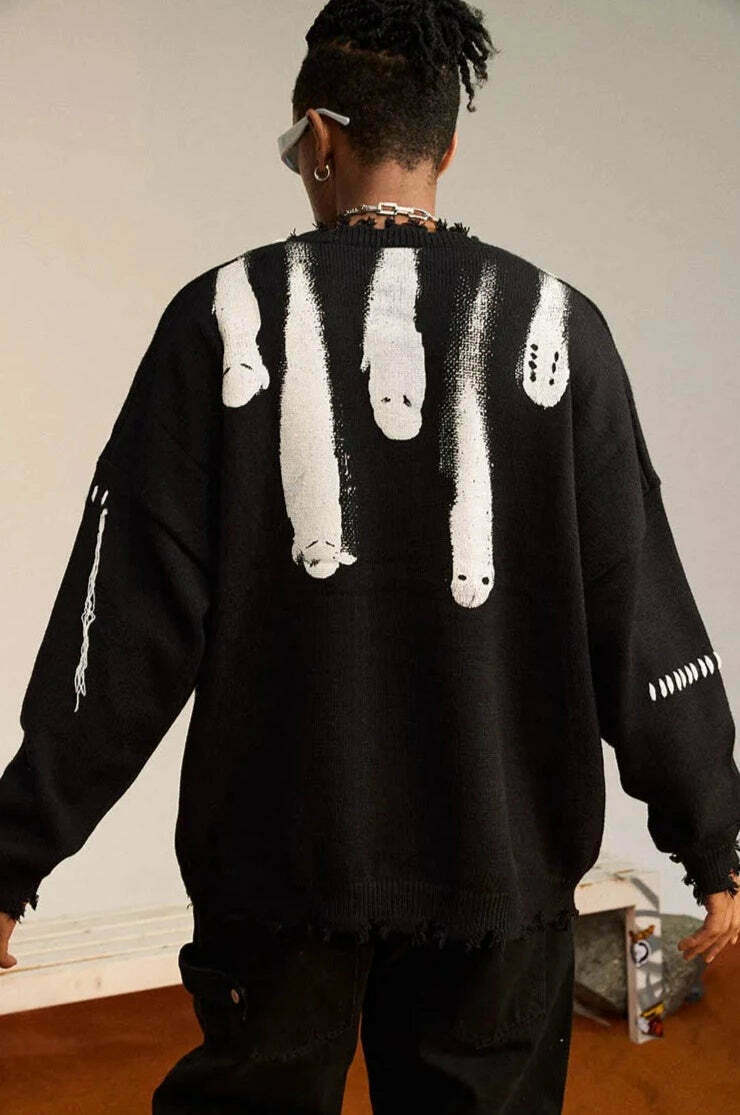 Coquette Aesthetic Ghost Graphic Knitted Sweater for Y2K Fashion and Grunge Style
