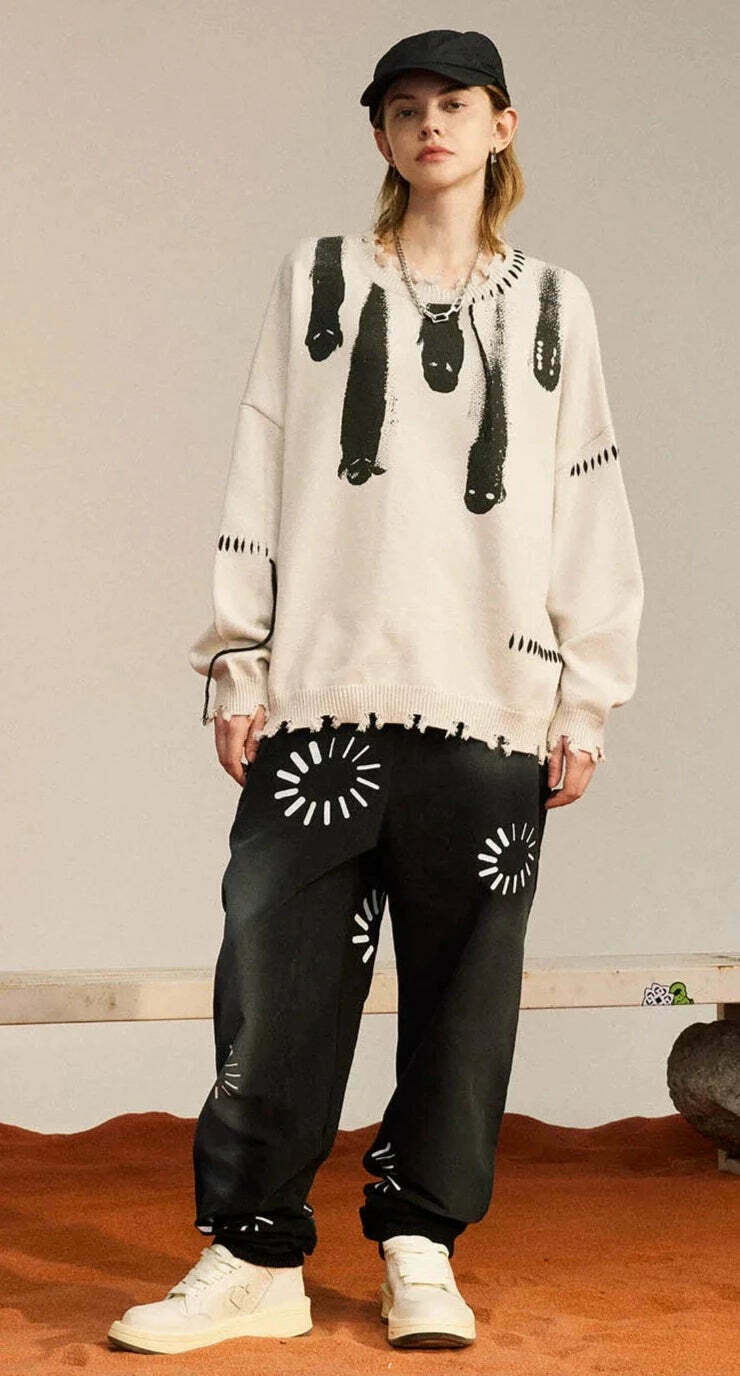Coquette Aesthetic Ghost Graphic Knitted Sweater for Y2K Fashion and Grunge Style