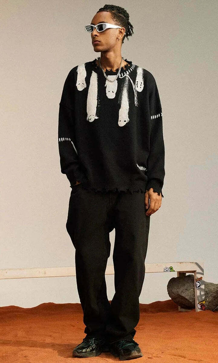 Coquette Aesthetic Ghost Graphic Knitted Sweater for Y2K Fashion and Grunge Style