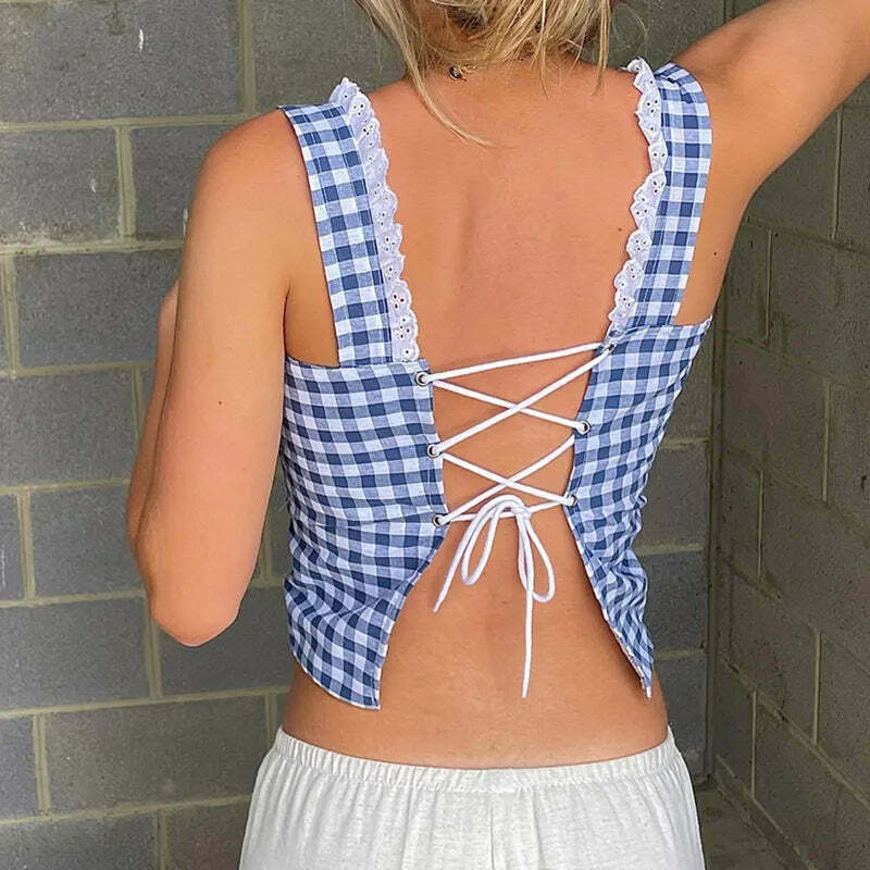 Coquette Aesthetic Gingham Glam Backless Camisole - Y2K Fashion for Women