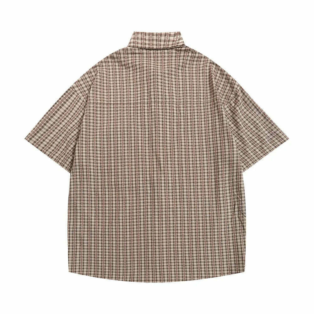 Coquette Aesthetic Gingham Grandad Shirt - Y2K Fashion Half Sleeve Top