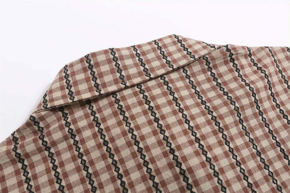 Coquette Aesthetic Gingham Grandad Shirt - Y2K Fashion Half Sleeve Top