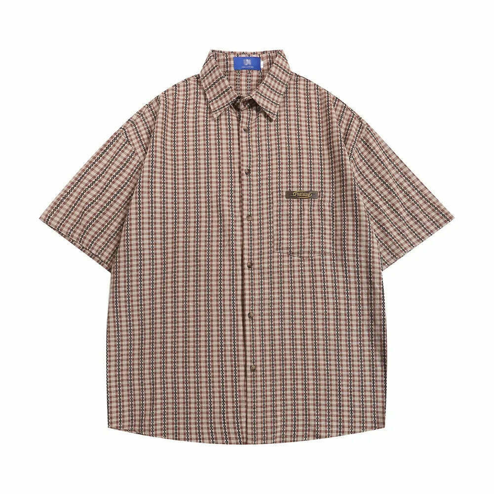 Coquette Aesthetic Gingham Grandad Shirt - Y2K Fashion Half Sleeve Top