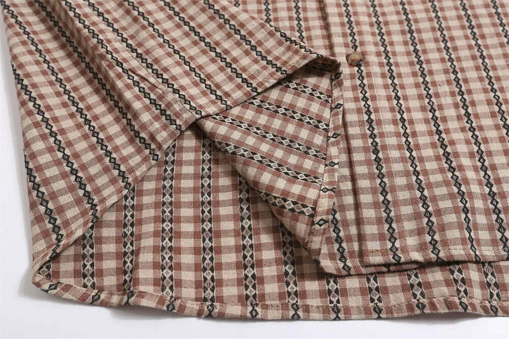 Coquette Aesthetic Gingham Grandad Shirt - Y2K Fashion Half Sleeve Top