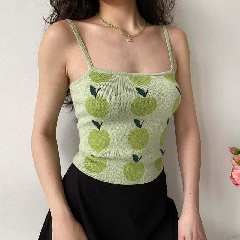 Coquette Aesthetic Green Apple Tank Top - Y2K Fashion for Women - Cute Tops with Grunge Style