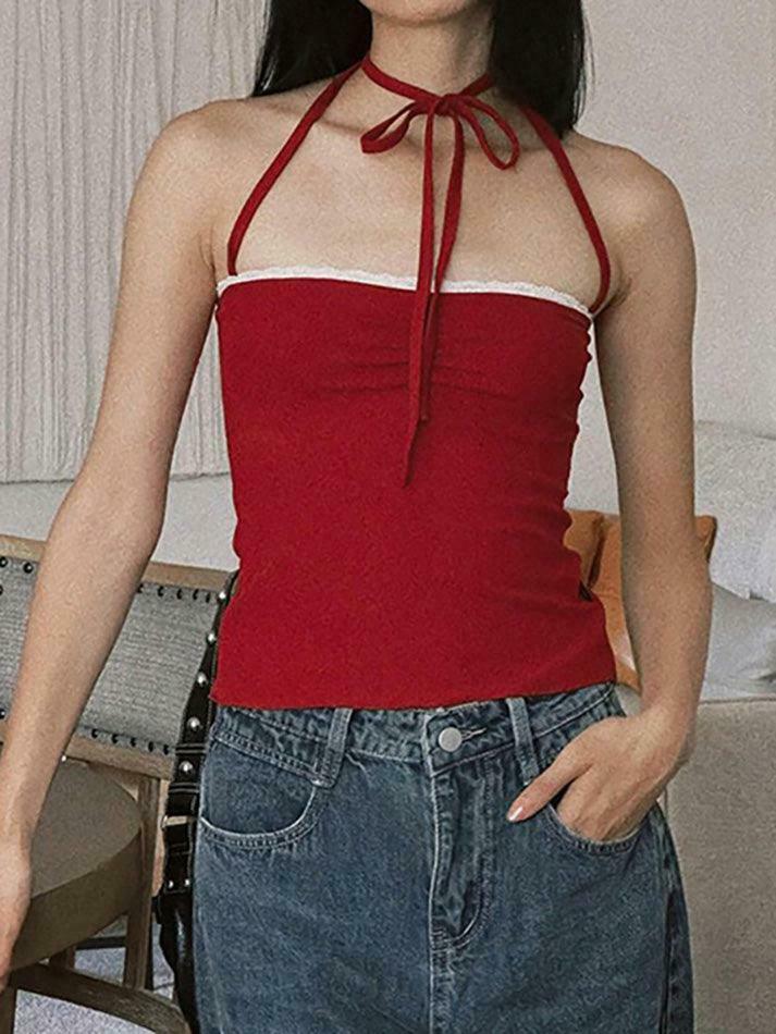 Coquette Aesthetic Halter-Neck Lace-Trim Ruched Camisole - Y2K Fashion Slim-Fit Top