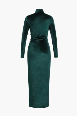 Coquette Aesthetic High Neck Velvet Maxi Dress with Ruched Detail