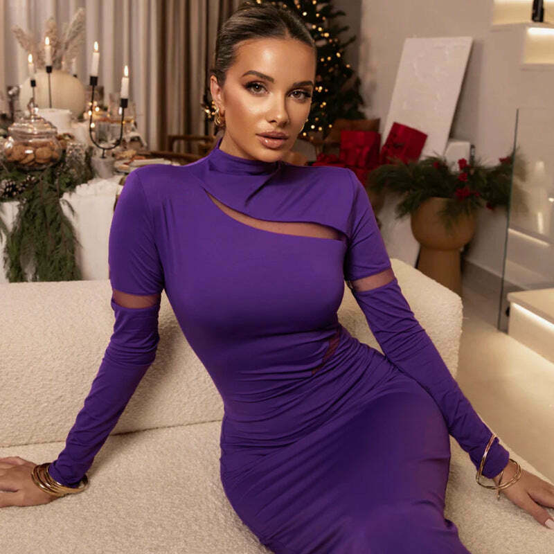 Coquette Aesthetic Hollow Slim High Collar Dress - Y2K Fashion Women's Clothing