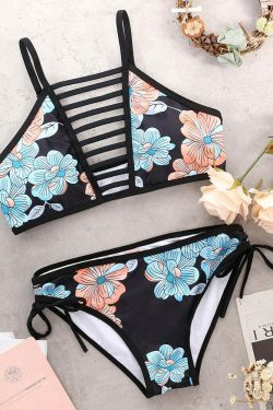 Coquette Aesthetic Hollow String Printed High Neck Bikini Set - Y2K Fashion Swimwear