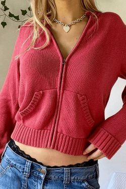 Coquette Aesthetic Hooded Crop Knit Cardigan - Y2K Fashion Women's Clothing