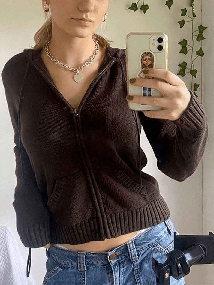 Coquette Aesthetic Hooded Crop Knit Cardigan - Y2K Fashion Women's Clothing