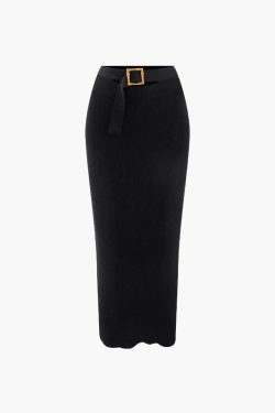 Coquette Aesthetic Knit Square Neck Crop Tank Top & Buckle Midi Skirt Set