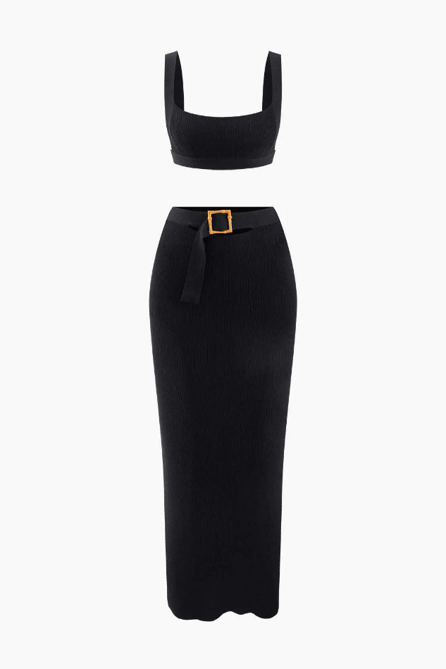Coquette Aesthetic Knit Square Neck Crop Tank Top & Buckle Midi Skirt Set