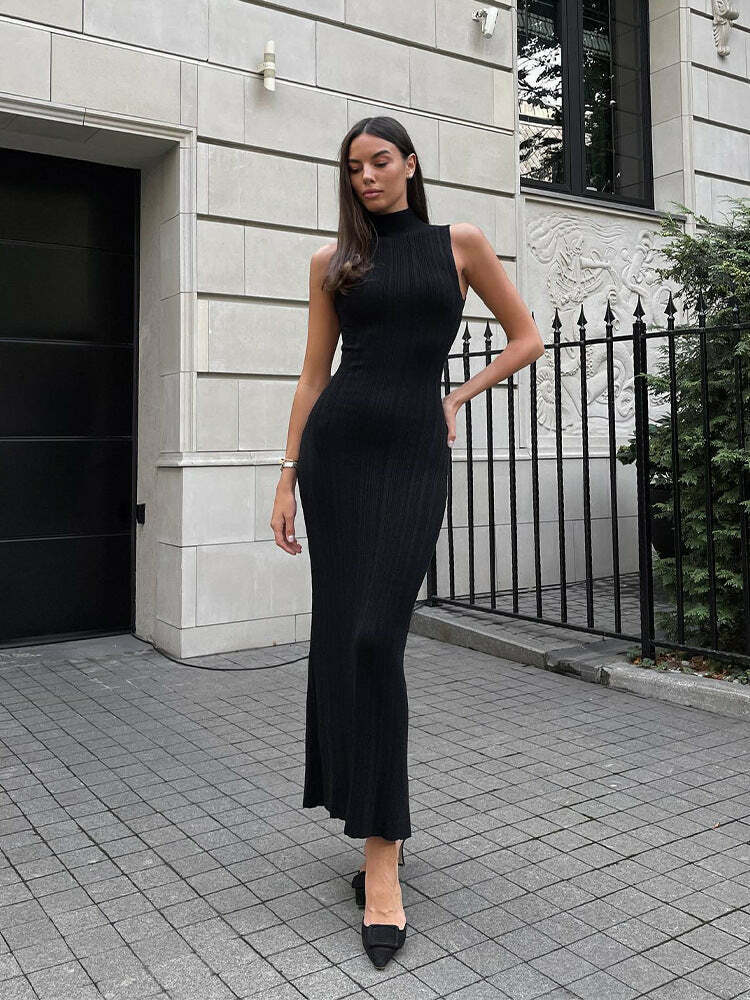 Coquette Aesthetic Knitted Turtleneck Maxi Dress: Y2K Fashion Sleeveless Slim Fit for Women