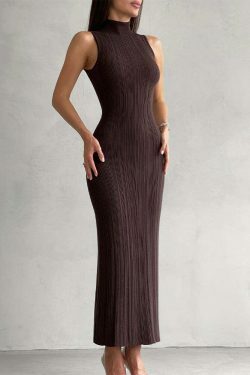 Coquette Aesthetic Knitted Turtleneck Maxi Dress: Y2K Fashion Sleeveless Slim Fit for Women