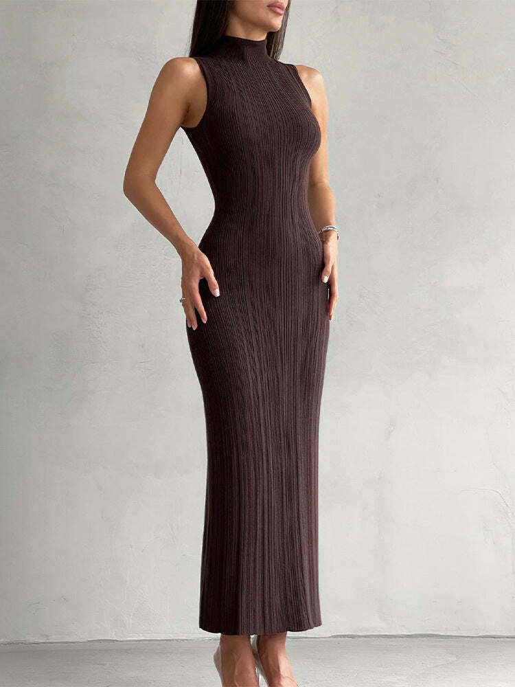 Coquette Aesthetic Knitted Turtleneck Maxi Dress: Y2K Fashion Sleeveless Slim Fit for Women