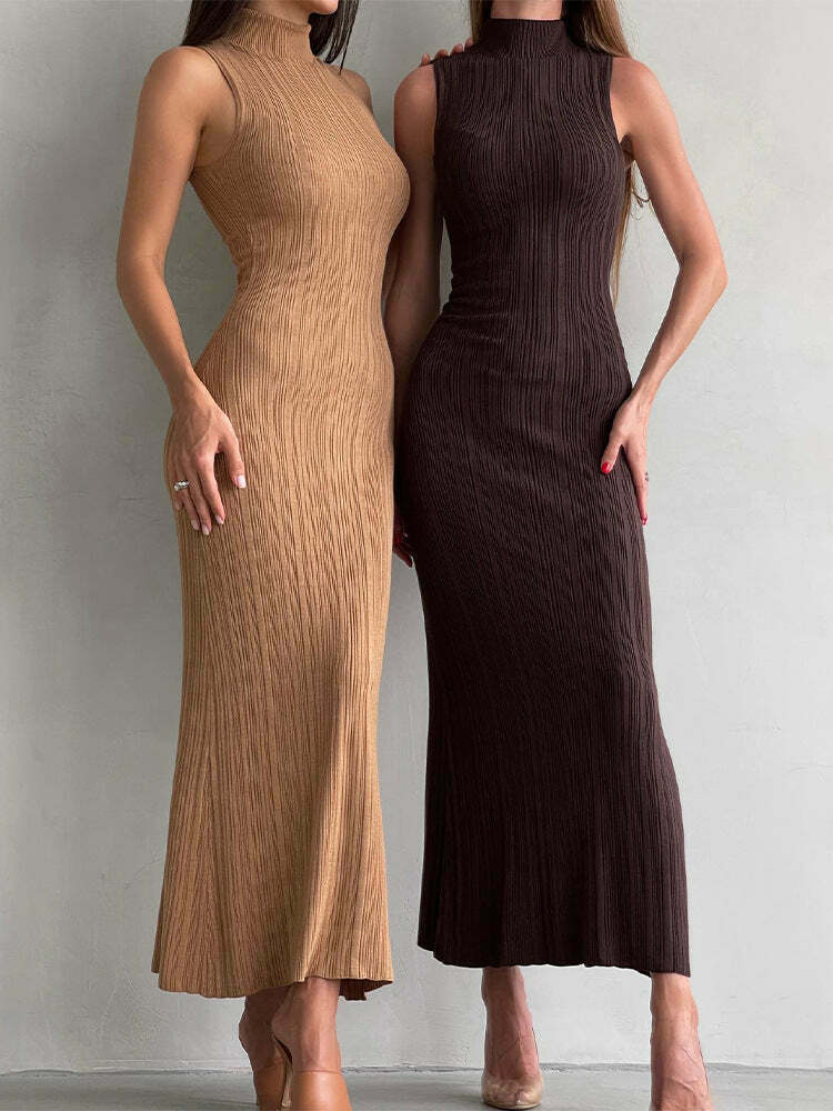 Coquette Aesthetic Knitted Turtleneck Maxi Dress: Y2K Fashion Sleeveless Slim Fit for Women