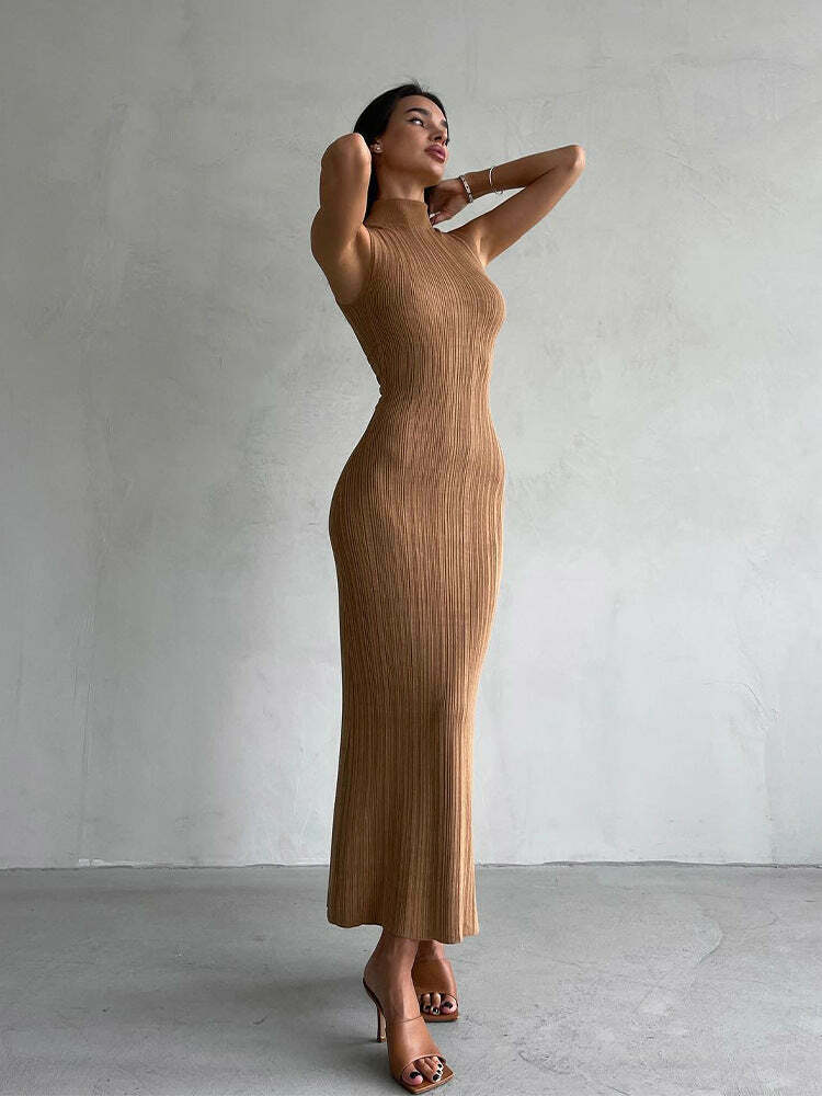 Coquette Aesthetic Knitted Turtleneck Maxi Dress: Y2K Fashion Sleeveless Slim Fit for Women