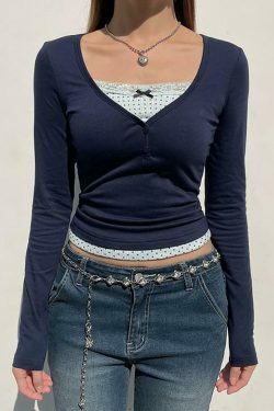 Coquette Aesthetic Lace-Trim Crop Top: Y2K Fashion Women's Grunge Style Shirt