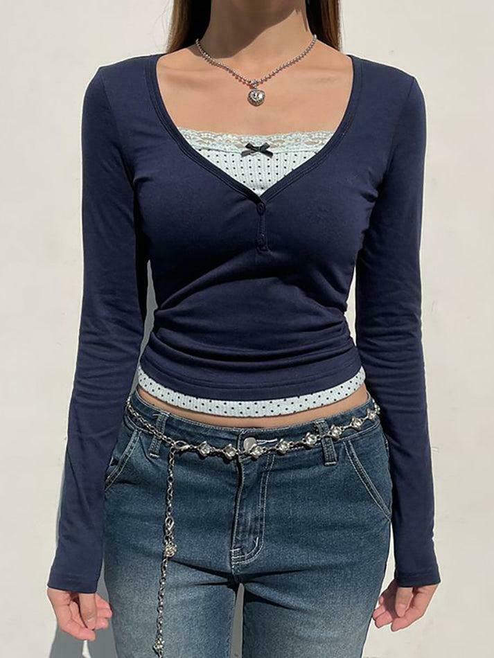 Coquette Aesthetic Lace-Trim Crop Top: Y2K Fashion Women's Grunge Style Shirt
