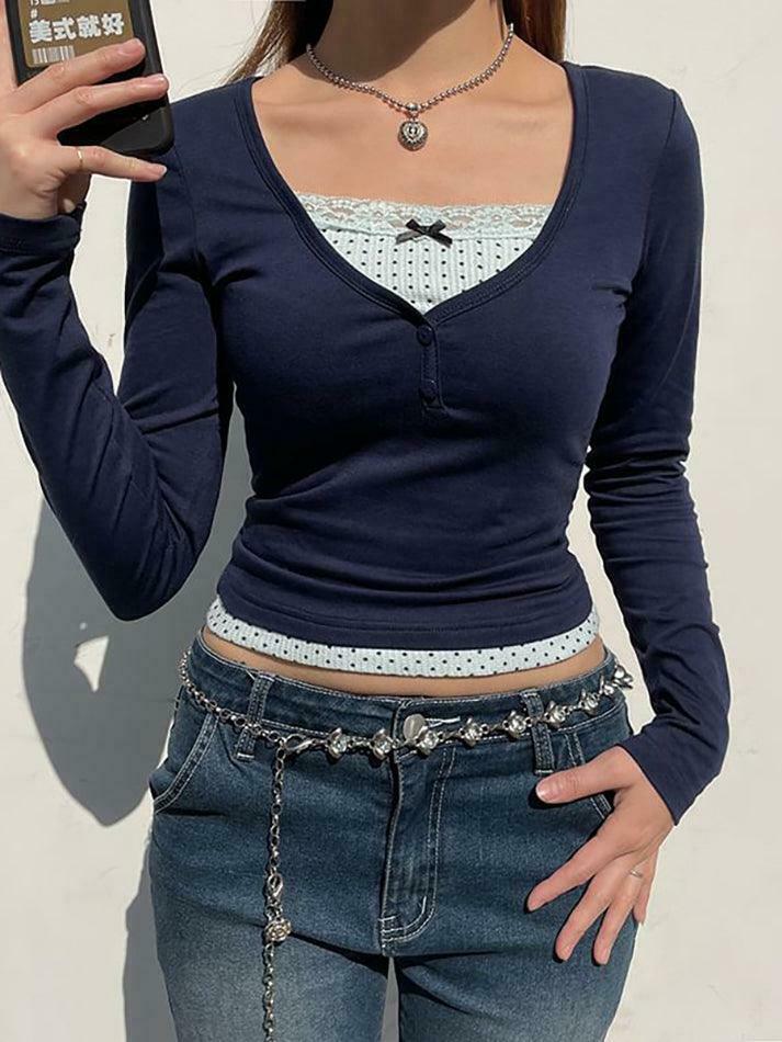 Coquette Aesthetic Lace-Trim Crop Top: Y2K Fashion Women's Grunge Style Shirt