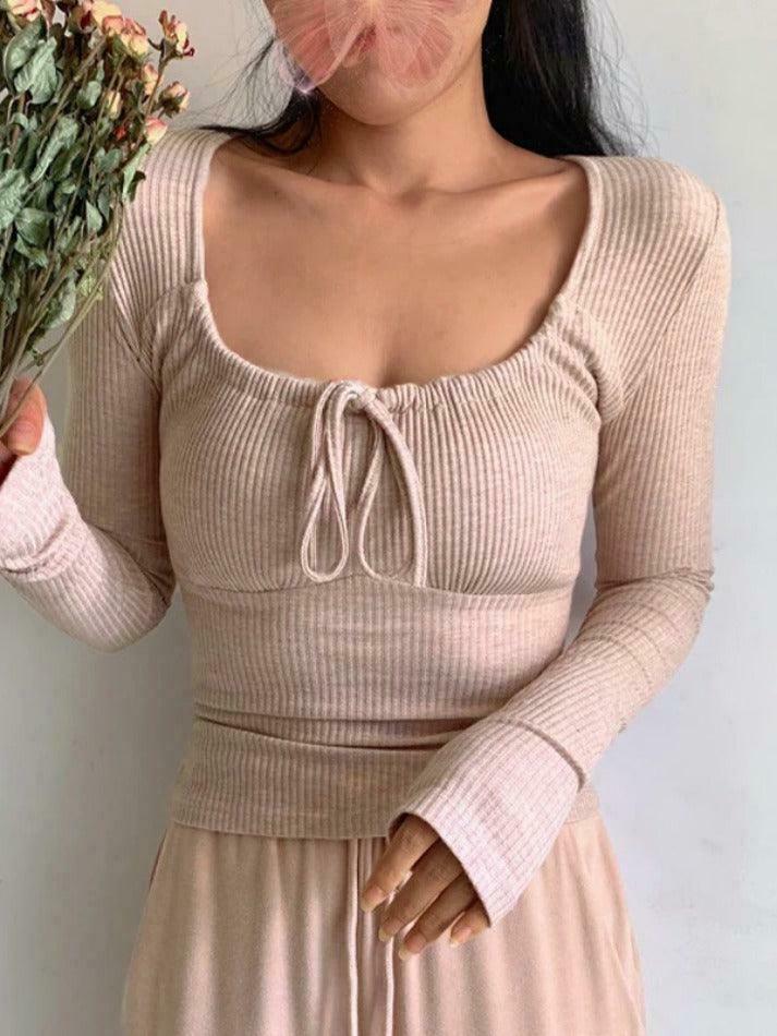 Coquette Aesthetic Lace-Up Knit Top - Y2K Grunge Style - Pastel Goth Cargo Skirt - Cute Hoodie